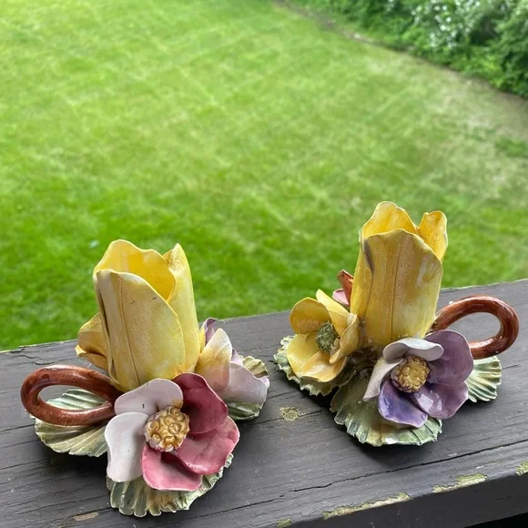 Pair of Vintage Ceramic Flower Candle Holders - Yellow and Pink - Picture 1 of 5